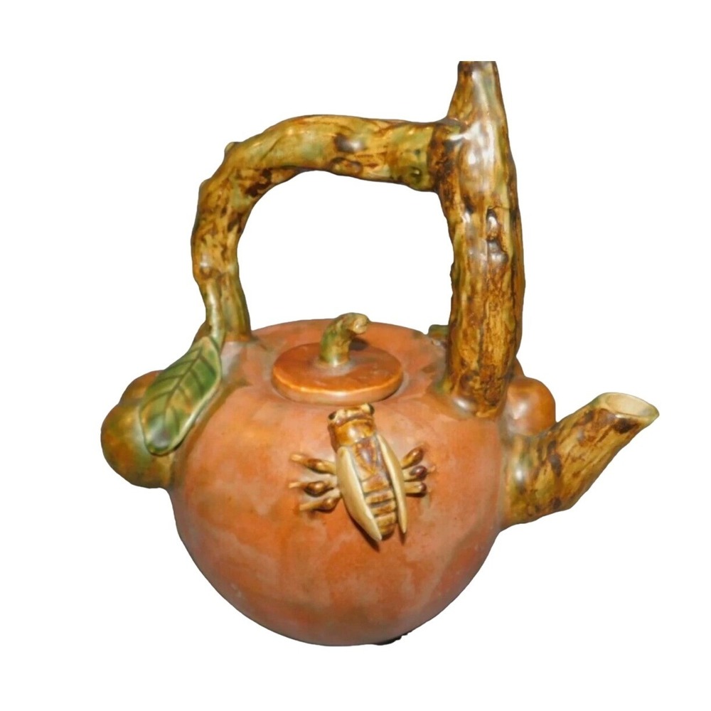 Vintage Ceramic Teapot Cicada Orange Branch Handle Unique Collectible